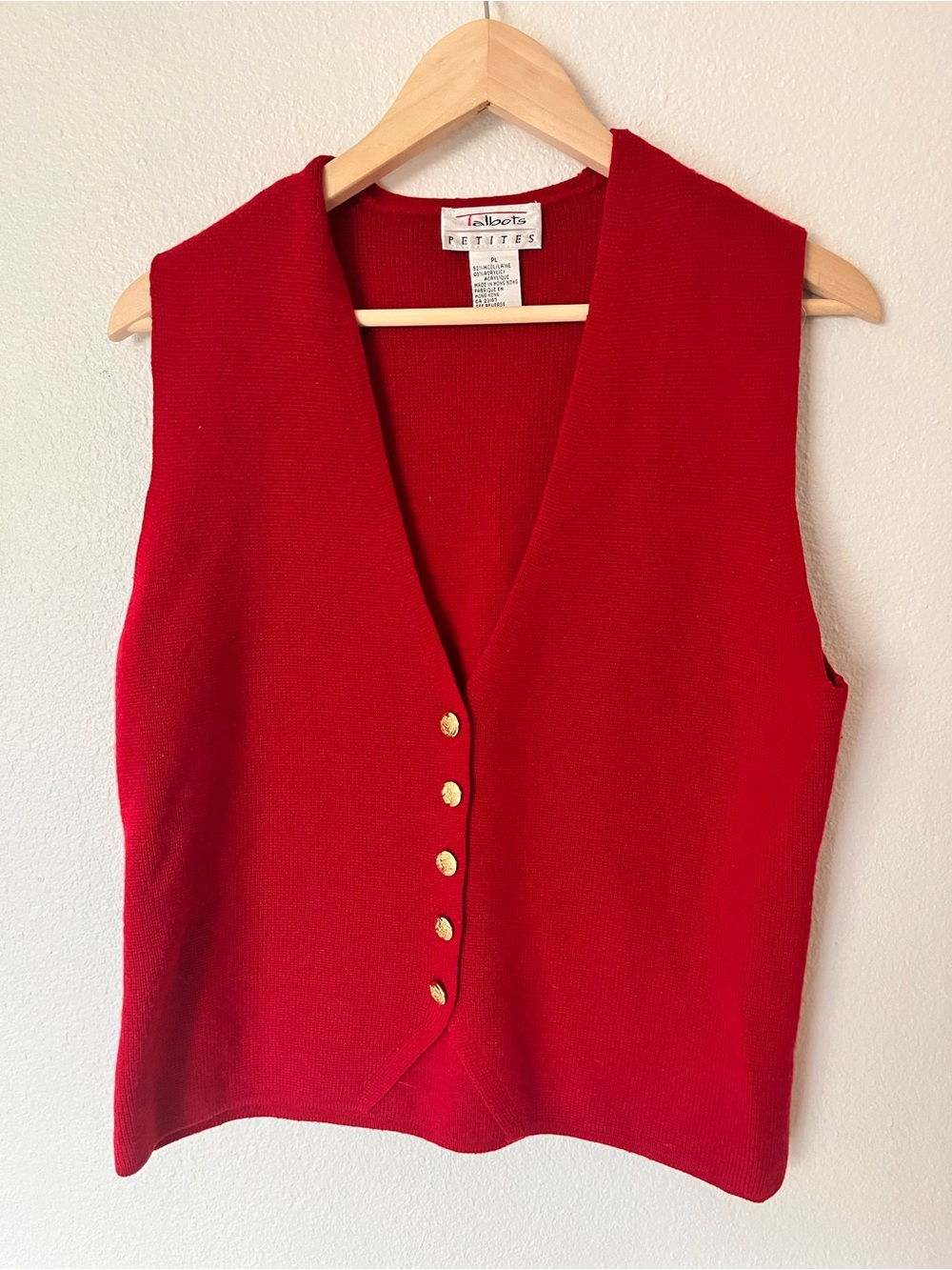 Talbots Red Sleeveless V-Neck Knit Vest with Gold Buttons
